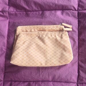 Avon Peach 2-Compartment Cosmetics Clutch With Orange Stripes & Silver Glitter